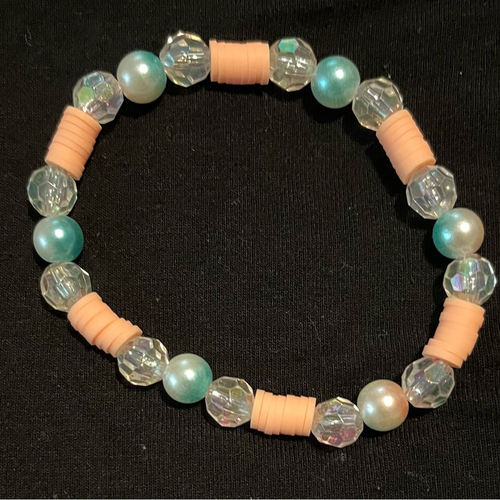 Handmade peach and blue beaded bracelet
